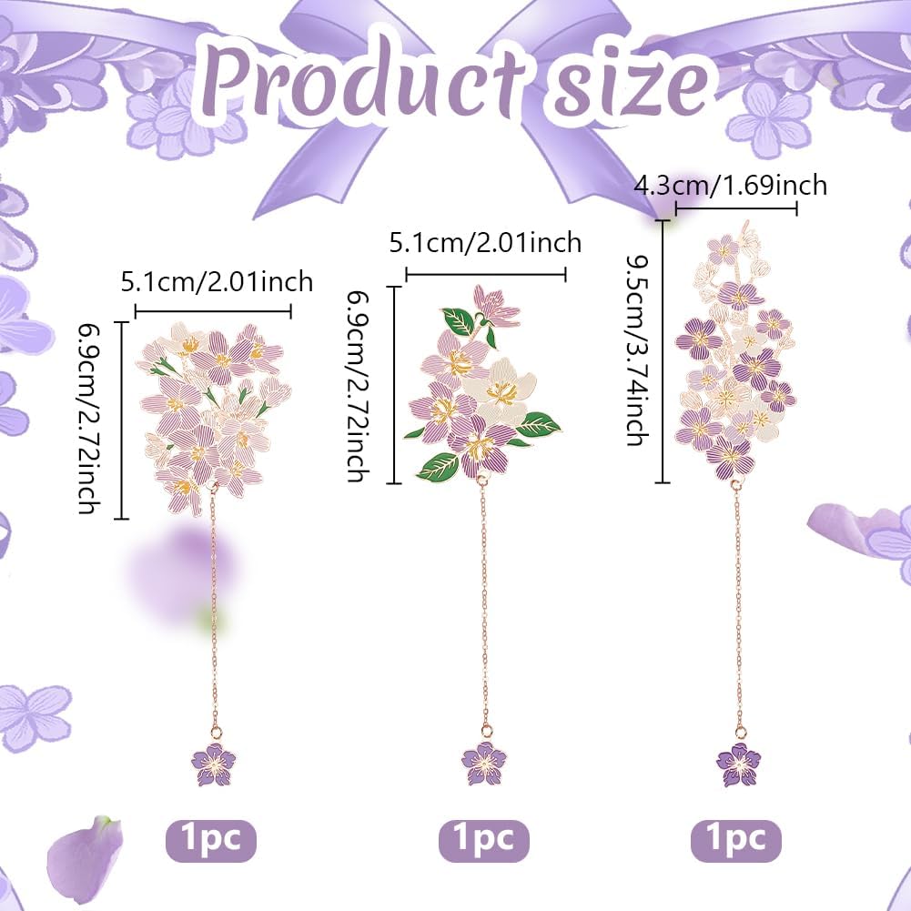 INFUNLY Cherry Blossom Metal Bookmarks with Chain Romantic Bookmark Flower Book Page Marker Metal Charm Bookmark for Women Gift for Booklover Readers