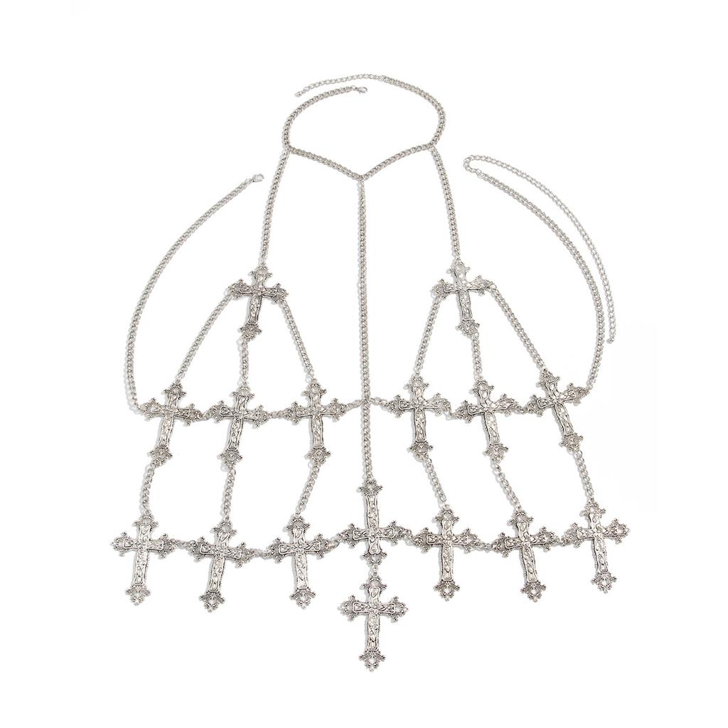 Dark Gothic Cross Pendant Bikini Breast Chain, Halloween Metal Chain Breast Chain Female
