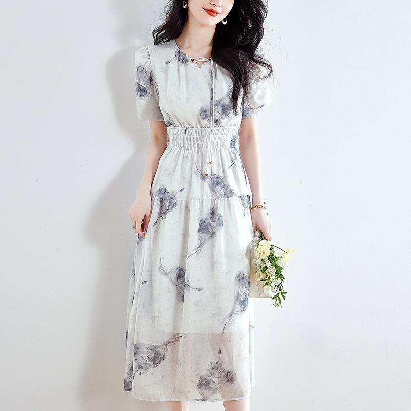Elegant French-Style Summer Chiffon Dress with Waist-Cinching Collar for Women