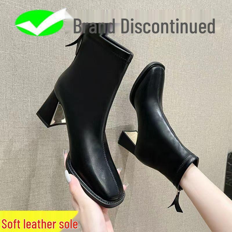 Women's French Skinny Martin Boots - 2025 Autumn/Winter, Chunky Heel, Square Toe, Short Tube, Korean Style, Fashionable, Versatile, Slimming.
