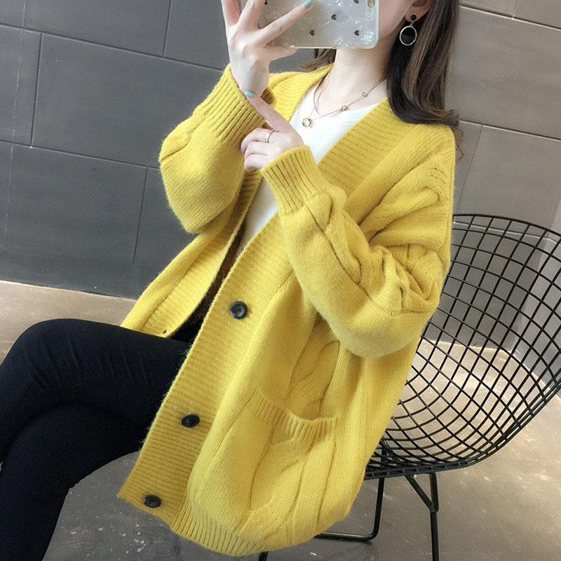 Fauler Wind V-Ausschnitt Zopfstrickpullover lockerer Überzieher Damen Strickjacke V-Ausschnitt vielseitige Pulloverjacke