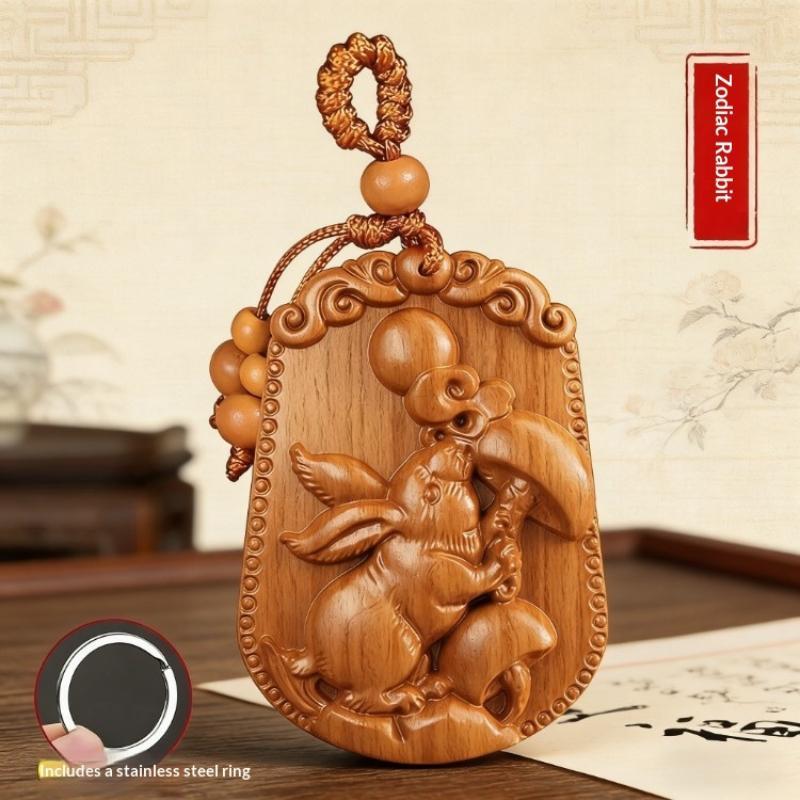 Natural Peach Wood Chinese Zodiac Keychain Hand Carved Lucky Blessing For Daily Use Gift For Friends Family