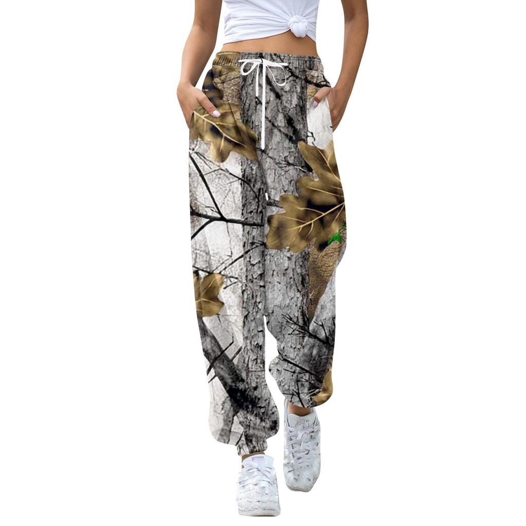 Damen Freizeithose mit Blätterdruck, Jogginghose mit Kordelzug, elastischem Bund und schmal zulaufendem Bein