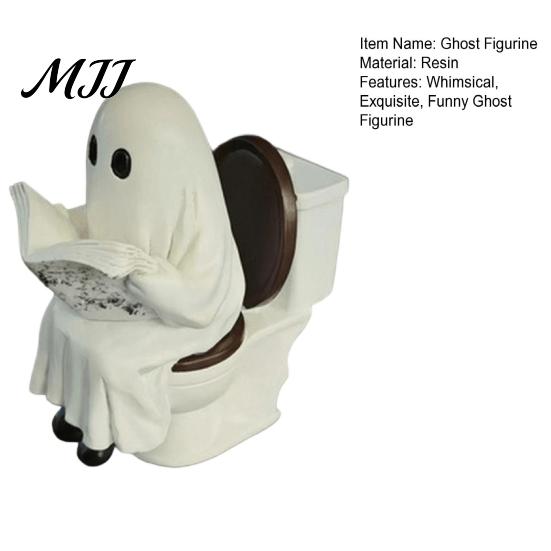 Ghost Reading on Toilet Cute Halloween Figurine, Resin Statue, Spooky Table Decor Funny Ornament for Tiered Tray Tabletop Mantel Gift