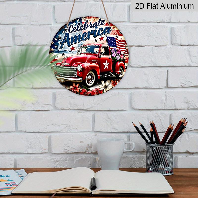 2D Flat, 1pc of Round Aluminum Sign with a Patriotic Theme Featuring a Floral Bouquet And a Red Truck, Perfect for Rustic Wall Art. Suitable for