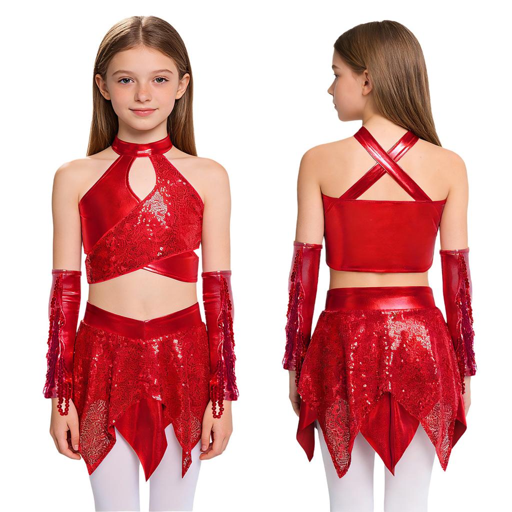 Dívčí jazzový taneční představení set: Crop top s kovovým leskem, zdobený flitry, s výstřihem ve tvaru křížové klíčové dírky, doplněný asymetrickou sukní a rukavicemi s flitrovanými třásněmi
