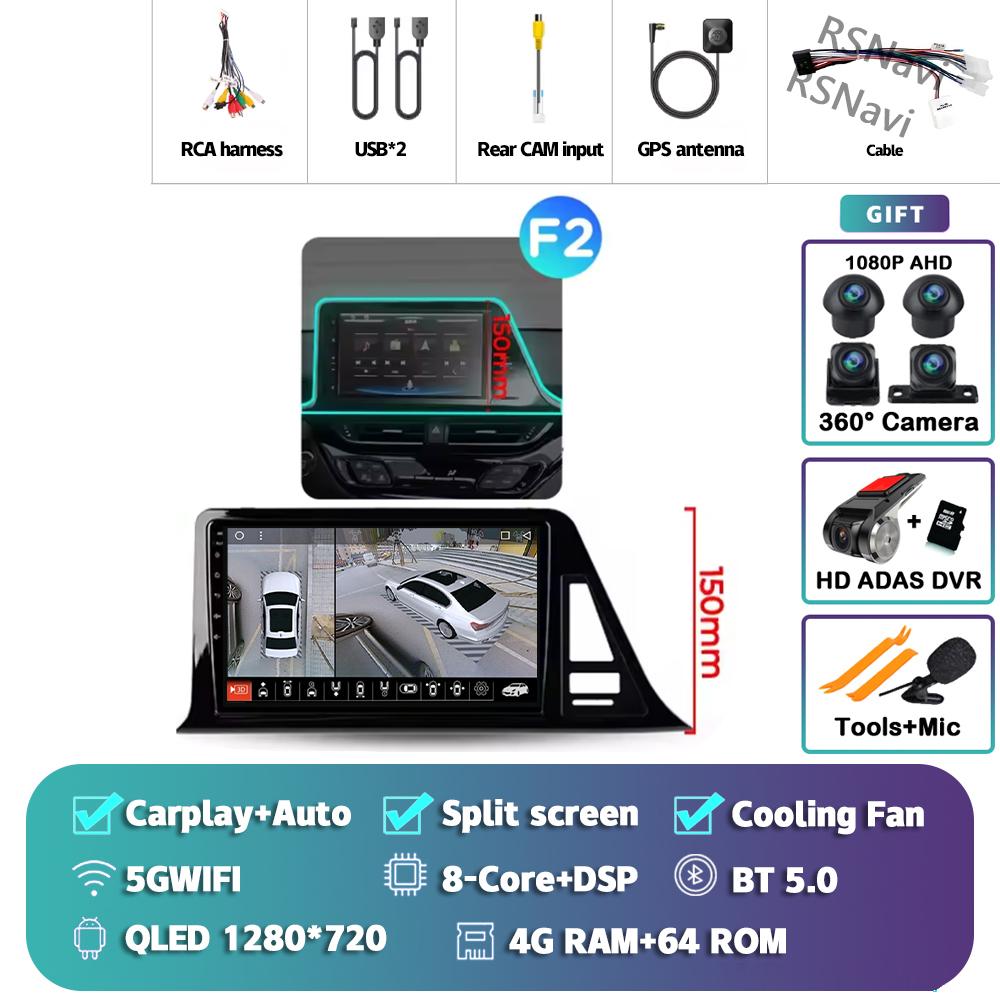 Android 14 Carplay Auto For Toyota C-HR 2016 - 2020 Car Radio Player Multimedia DVD stereo 360 Camera Navigation Video AI Voice