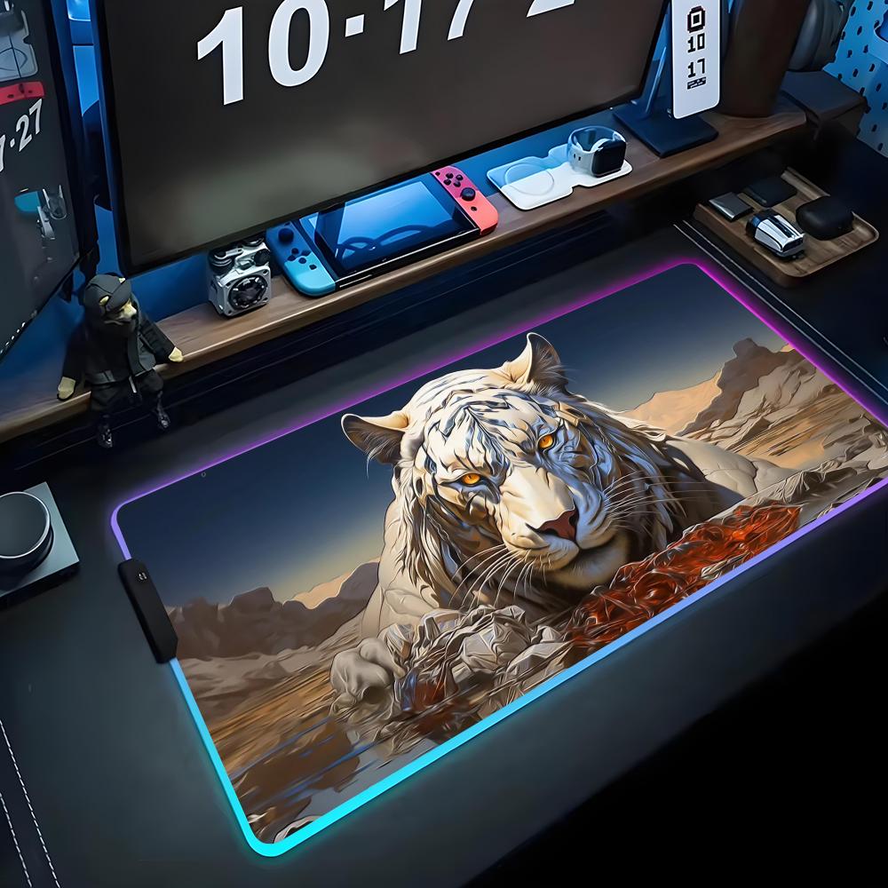

art белый тигр Коврик для мыши RGB Игровой коврик для мыши Большой светодиодный коврик Настольный коврик для ПК Светящийся коврик для мыши Большие коврики для клавиатуры Ковер для стола С RGB600x300x3mm