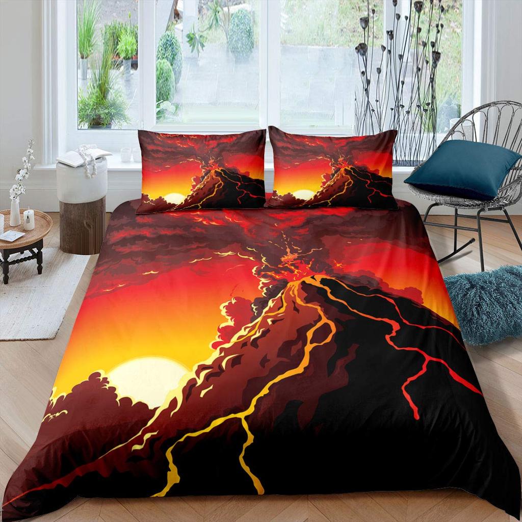 Volcano King Queen Duvet Cover Volcanic Eruption Bedding Set Fire Mountain Comforter Cover Natural Scenery Polyester Quilt Cover