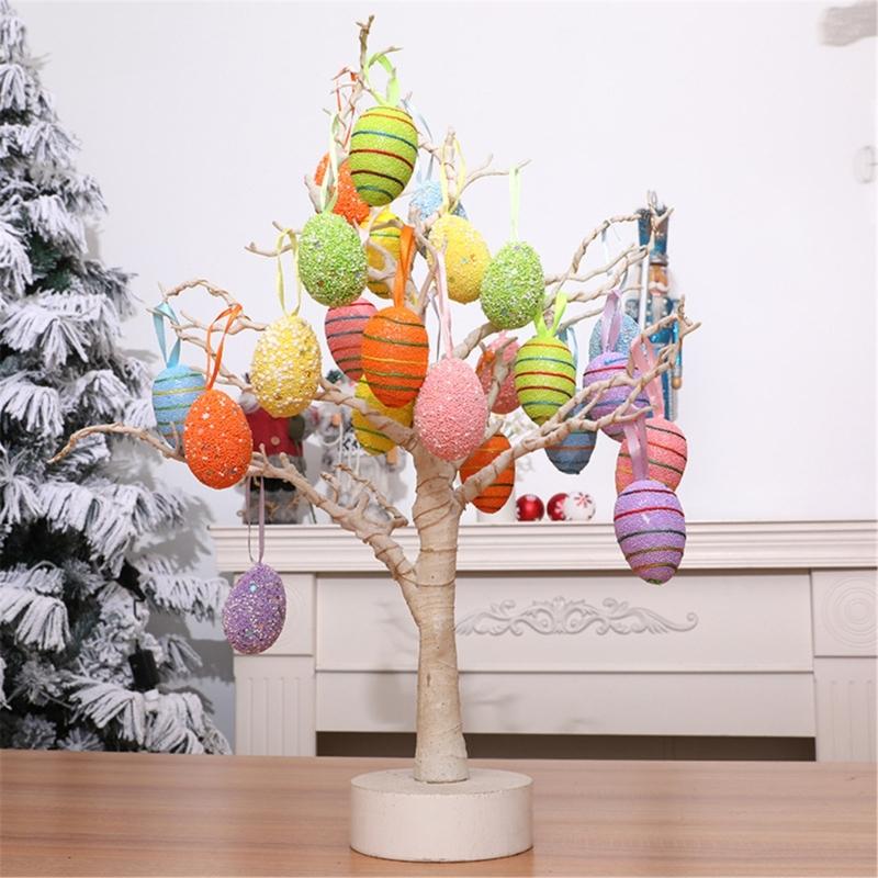 6PCS Set Easter Decorations Ornaments Bright Color Striped Foames Eggs Decorations for Easter Holiday Occasion