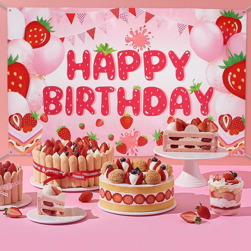 Strawberry Shortcake Happy Birthday Decorations Banner, Strawberry Themed Birthday Party Decoration Backdrop, Berry First Birthday Background Party