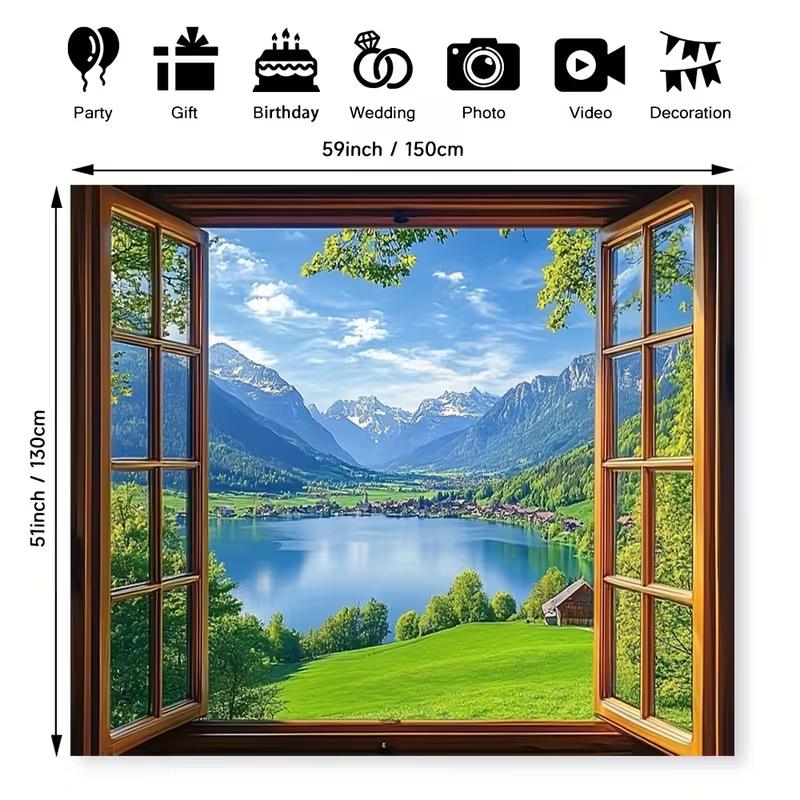 2D Open Wooden Window Frame Alps Snow Mountain Lake Green Meadow Backdrop European Wall Tapestry