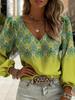 Retro Ethnic V-neck Women's Long-sleeved Top with Lantern Sleeves Featuring Totem Print In Bohemian Style, Suitable for All Season