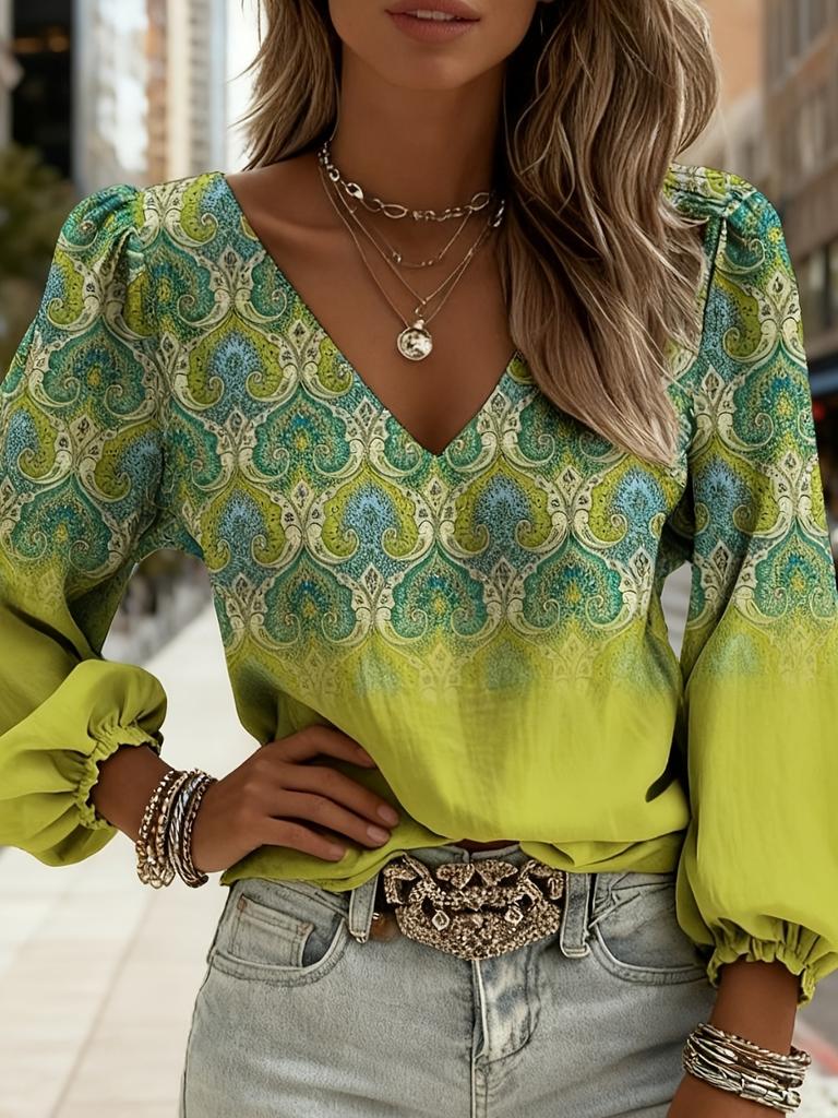 Retro Ethnic V-neck Women's Long-sleeved Top with Lantern Sleeves Featuring Totem Print In Bohemian Style, Suitable for All Season