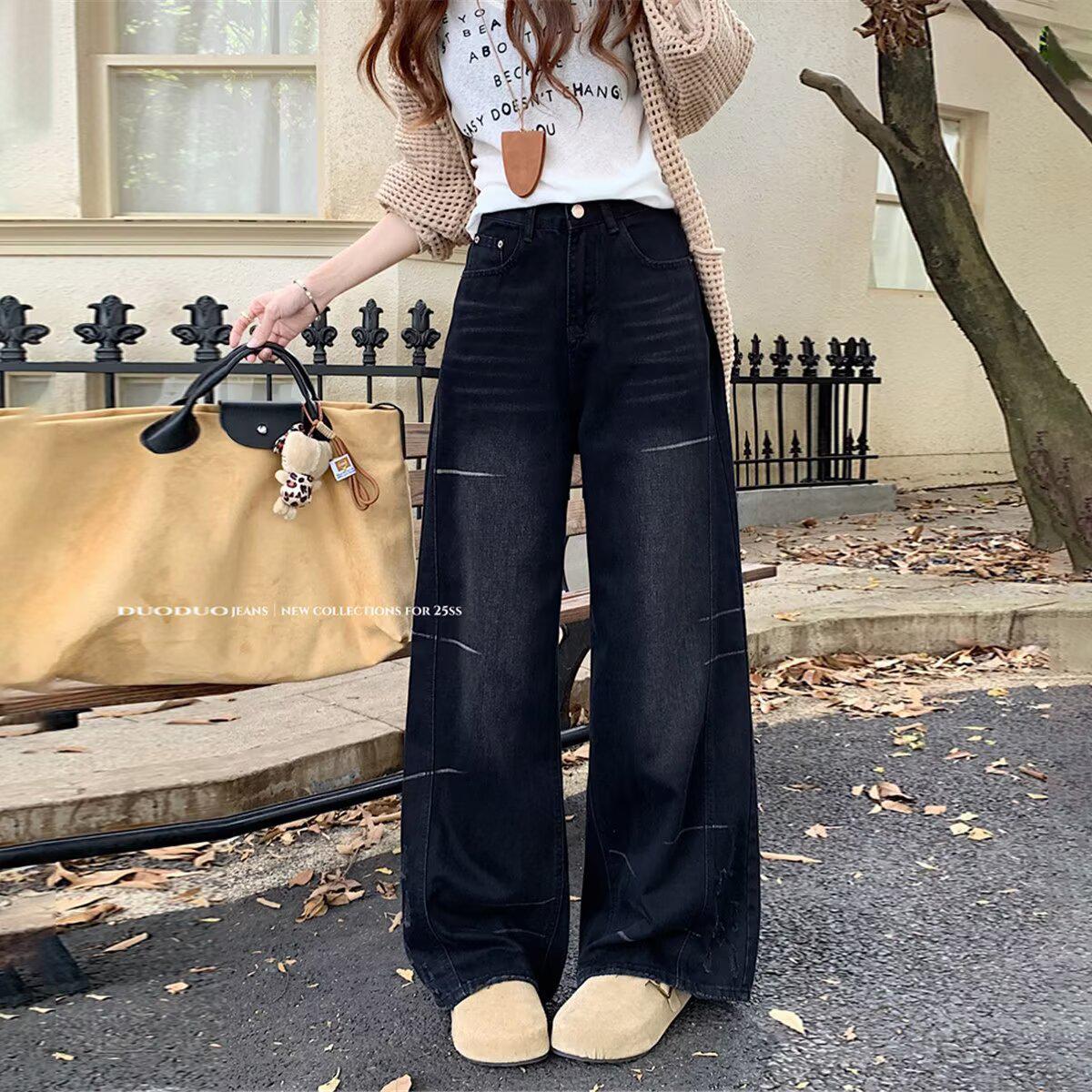 Women s 2025 Autumn High-Waist Black Washed Distressed Wide-Leg Jeans M черный серый