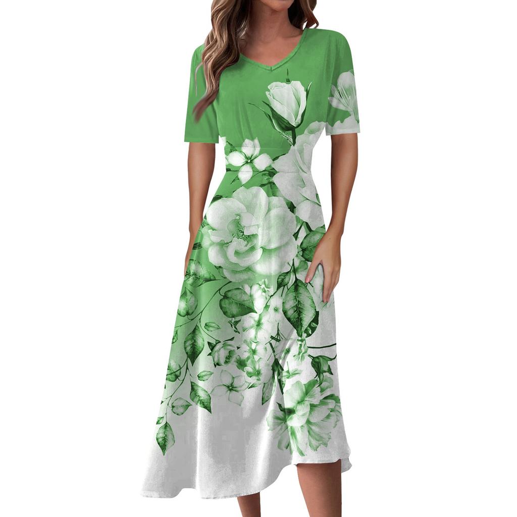 Ladies Casual Fashion Print Color V-Neck Short Sleeve Waist Long Swing Dress