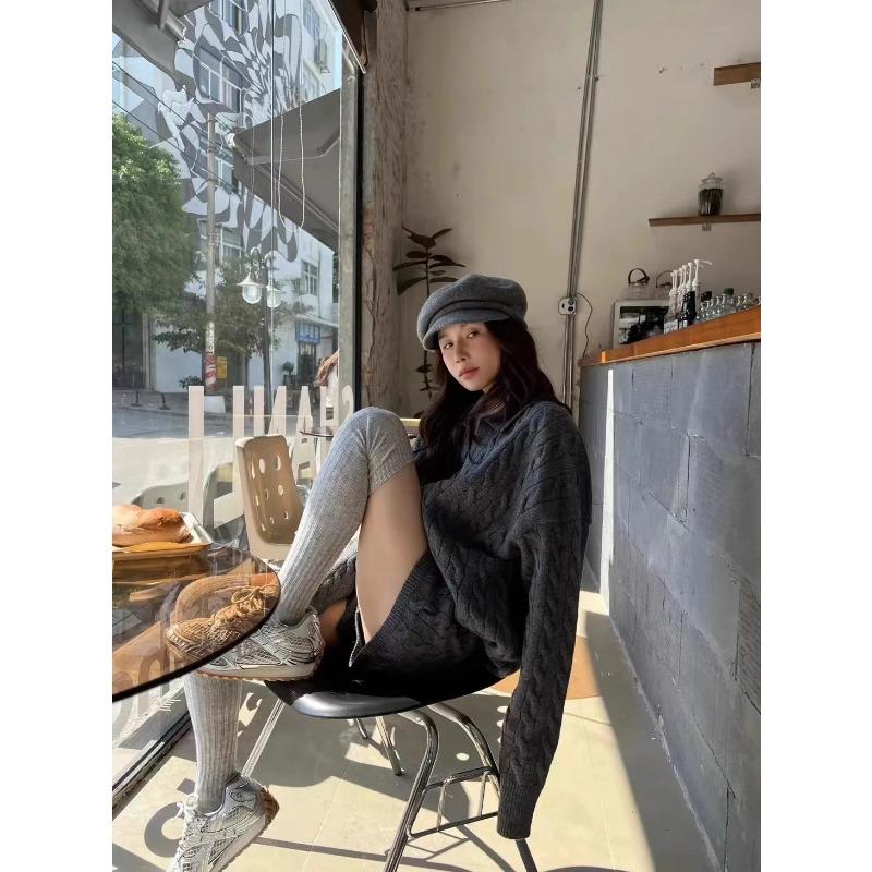 Korean Fashion Twisted Sweater Women Vintage Harajuku Style Knitted Pullover Casual Solid Color Outfit Autumn Winter