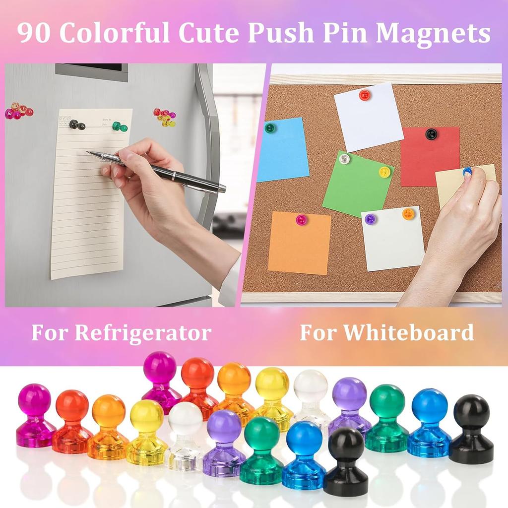 90 PCS Colorful Strong Magnetic Push Pin Magnets, 9 Assorted Color Magnetic Push Pin Magnets for Office, Classroom, Kitchen Home and School, Map