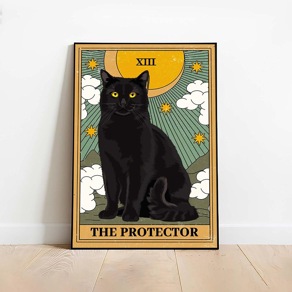 Black Cat The Protector Vintage Poster and Print Tarot Lover Gift Abstract Graffit Canvas Painting Wall Picture for Room No Frame