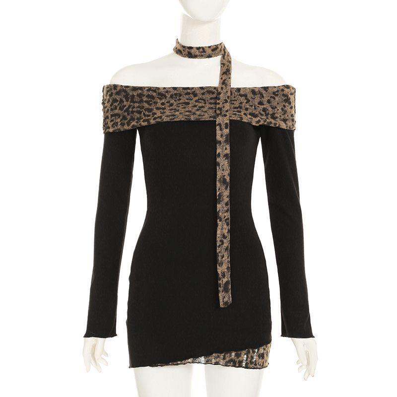 French-style Off-shoulder Leopard Print Patchwork Long-sleeve Dress for Women, New Spring Slimming Pencil Short Skirt