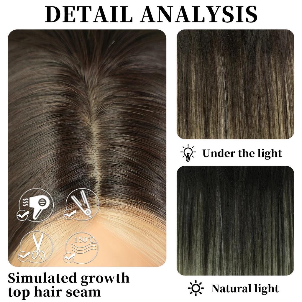 Lange schwarze gerade Perücken für Frauen, synthetische Highlights, blonde, geschichtete Perücke mit Vorhang-Pony, hochdichte Haarperücke