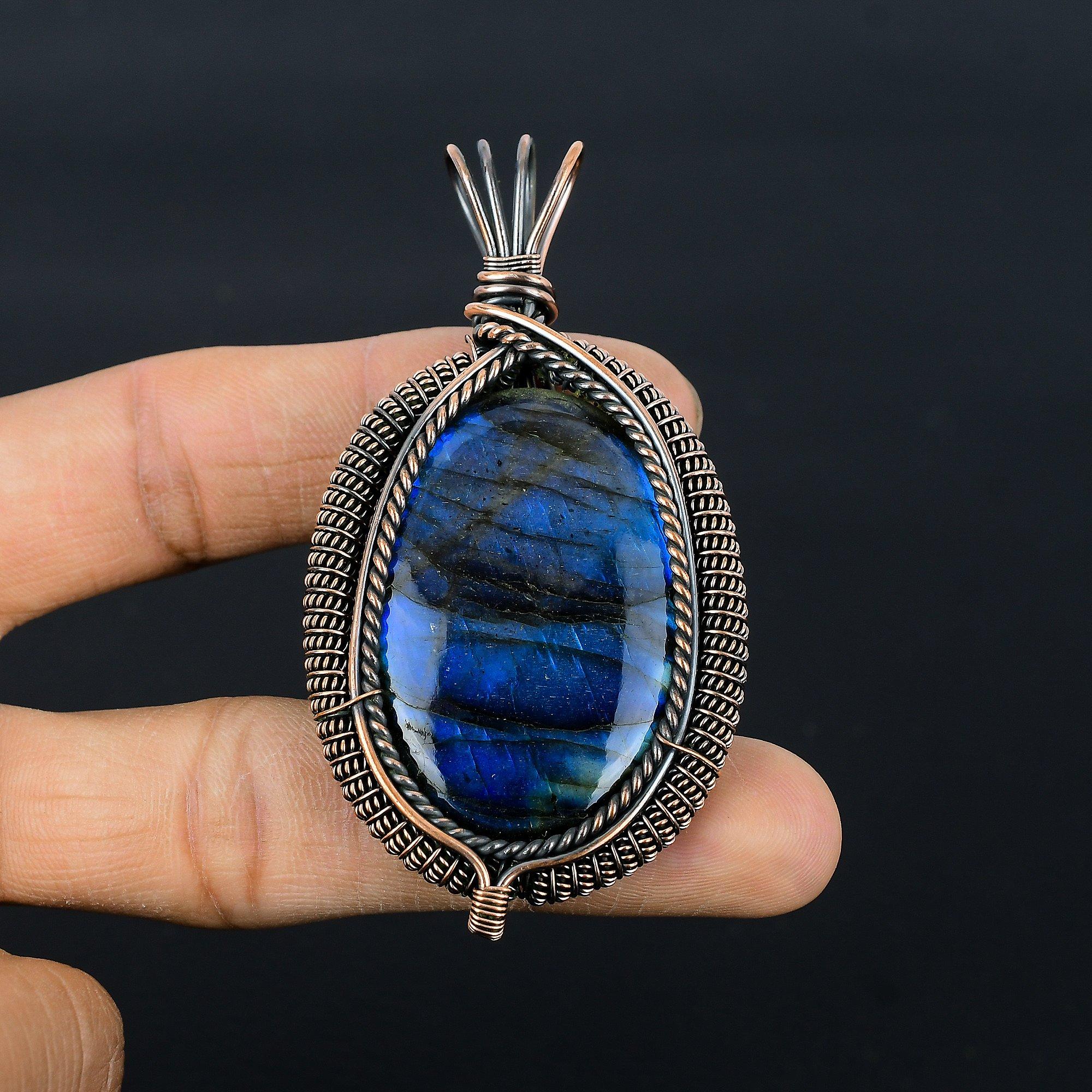 

Подвеска из лабрадорита, Подвеска ручной работы, обернутая медной проволокой 999 пробы, Антикварное украшение, Для подарка, Серебряное украшение 2.55 Inches