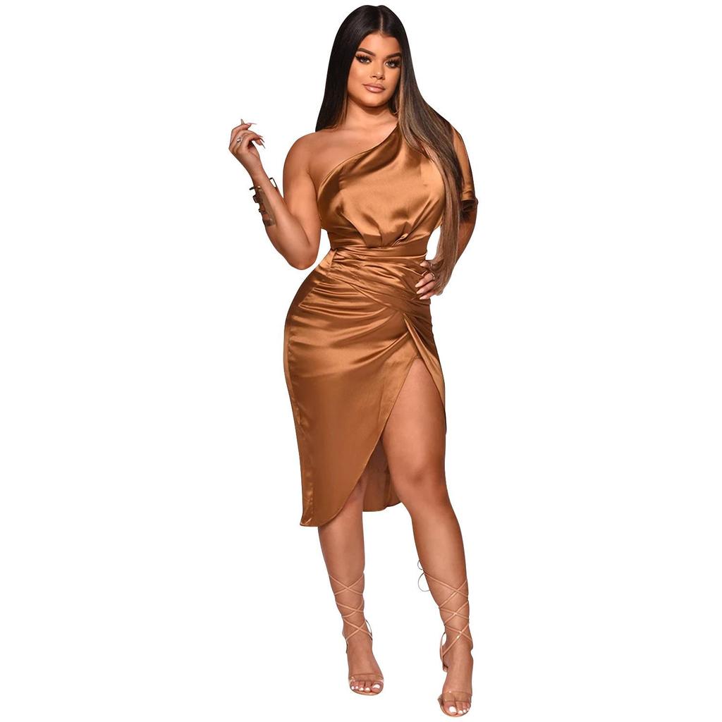 One-Shoulder Slit Midi Dress - Women's Fashion Solid Color, Europe & America Style