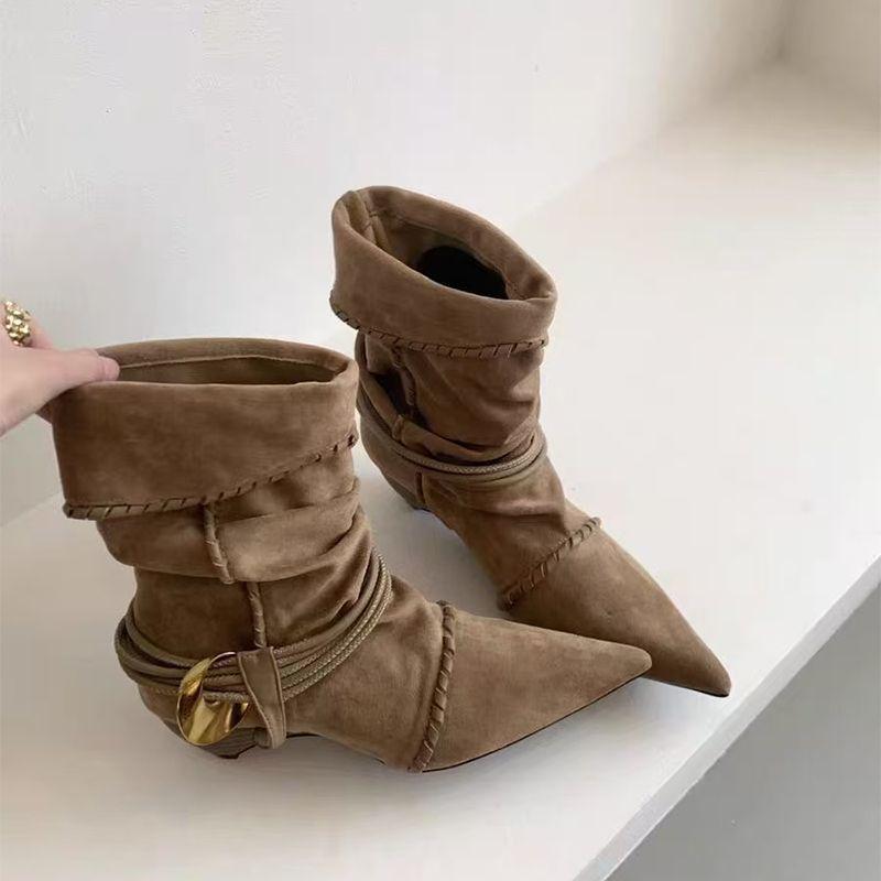 Women's 2025 Retro Suede Kitten Heel Ankle Boots: Pointed, Ruched, Tie Stacked, Versatile Fashion