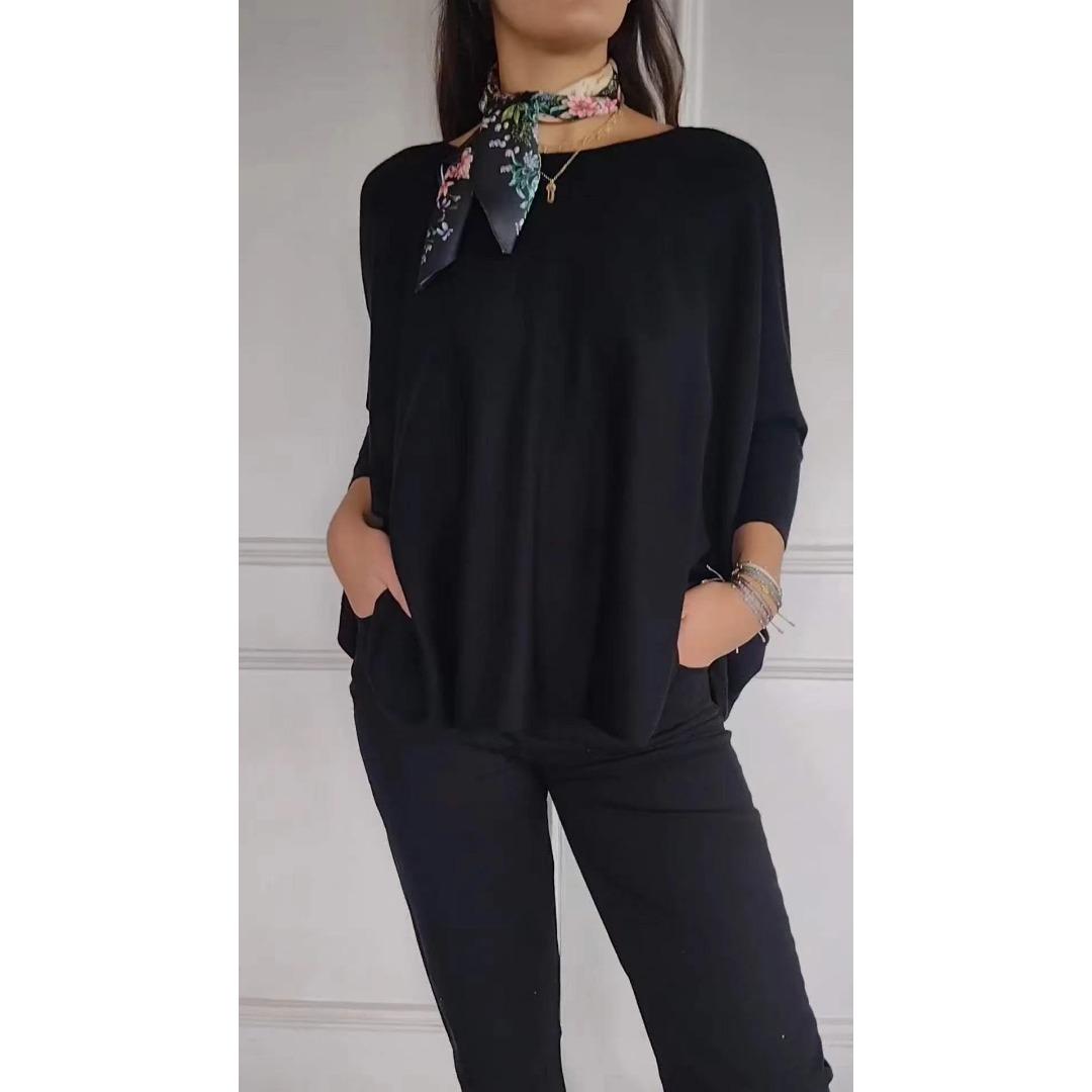 

GMXIA Женский свитер с рукавами-семью точками, повседневный топ с круглым вырезом, однотонная свободная футболка со шнуровкой и бретелями XXXXXL чёрный