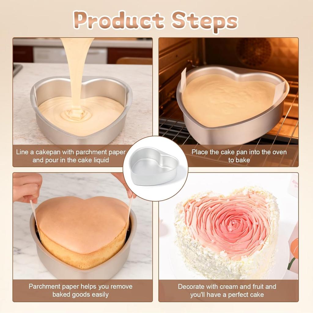 8 Inch Heart Cake Pan, 3 Pcs Aluminum Alloy Non Stick Heart Cake Mold with 60 Pcs Pan Liners for Kitchen Birthday Wedding