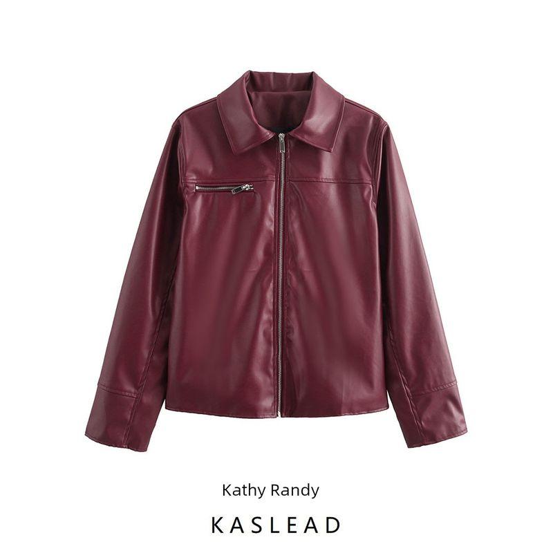 Kaslead New Arrival Women's Clothing Fashion Style Stylish Simple and Versatile Zipper Leather Jacket Coat