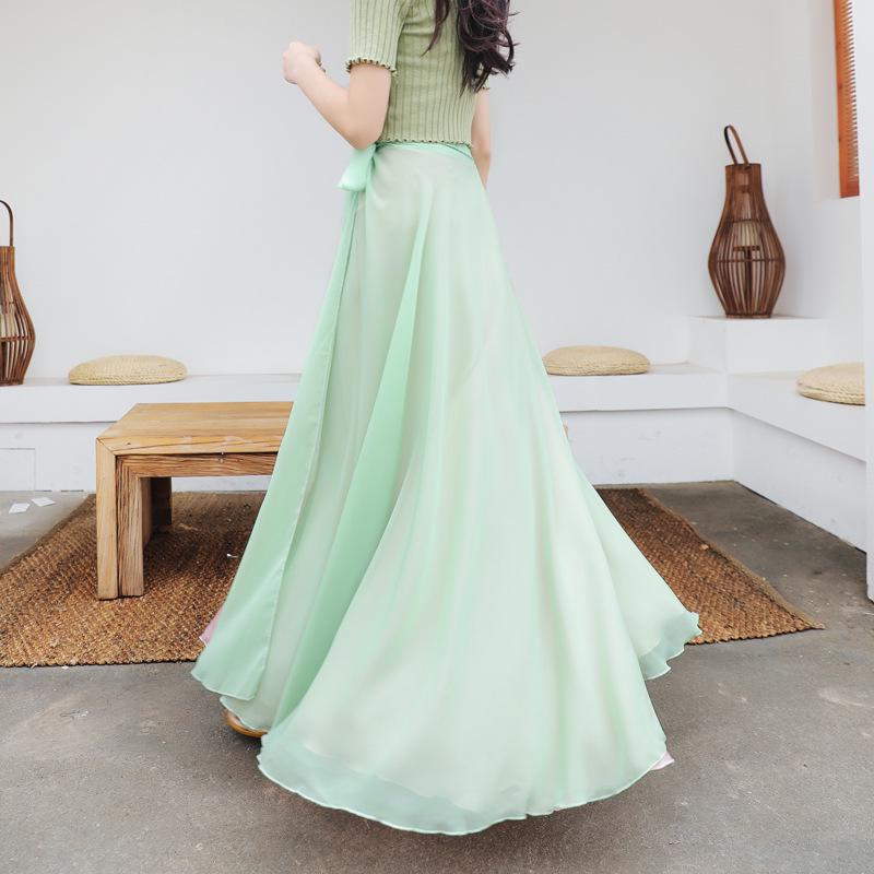 Two-Tone Satin Chiffon Lace-up Dance Midi Skirt for Women
