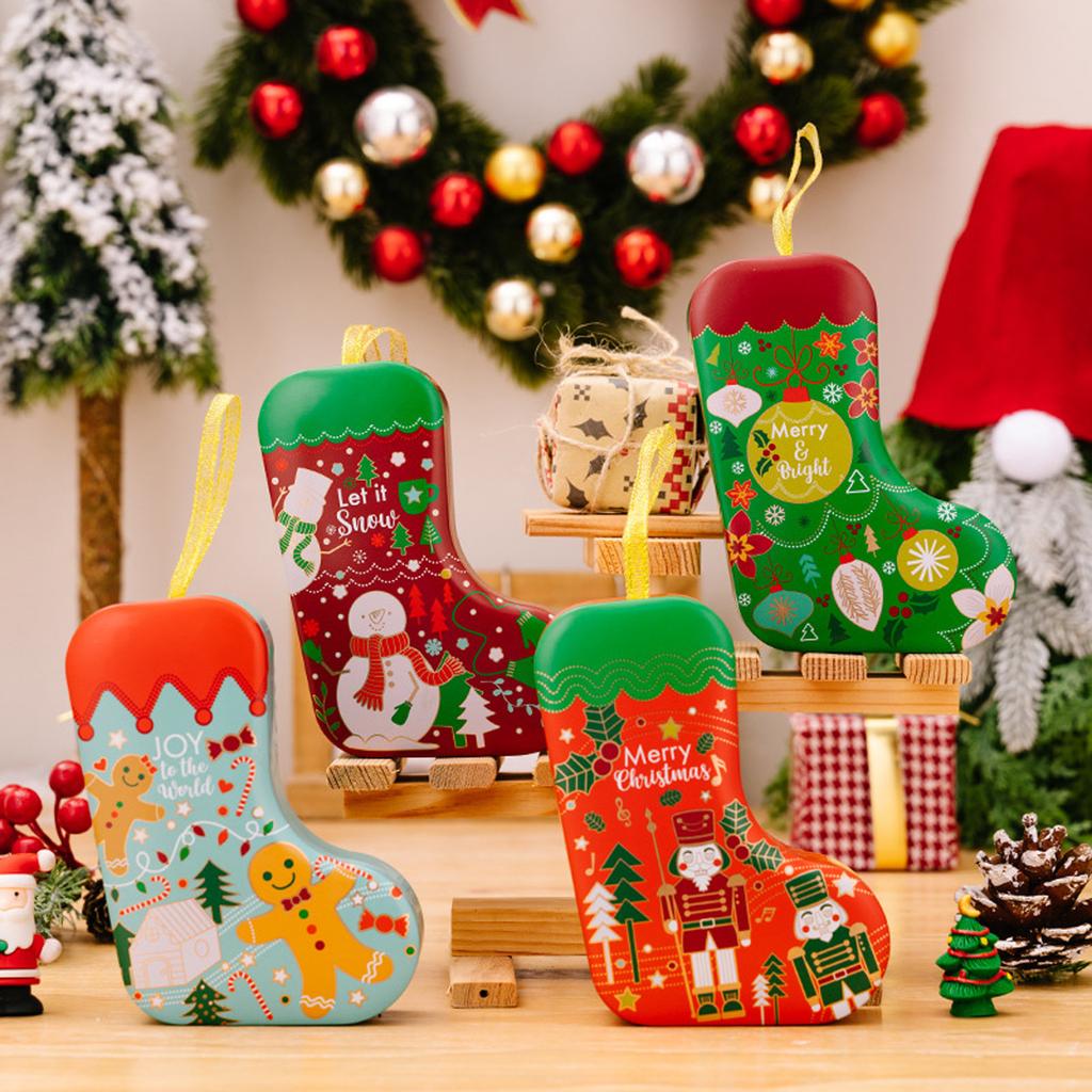 Christmas Tin Box Tinplate Xmas Stocking Shaped Candy Box With Ribbons Christmas Candy Jars Storage Containers For Xmas Holiday Party Favors