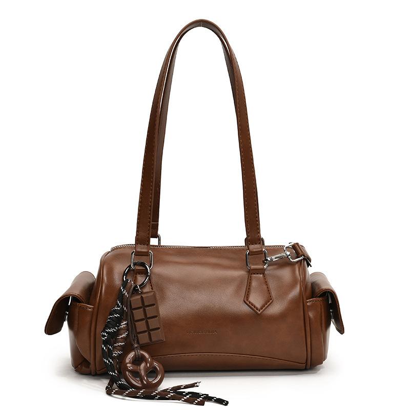 

2025 spring new trend fashion versatile messenger bag shoulder underarm bag portable Boston bag cylinder bag no pendant коричневый