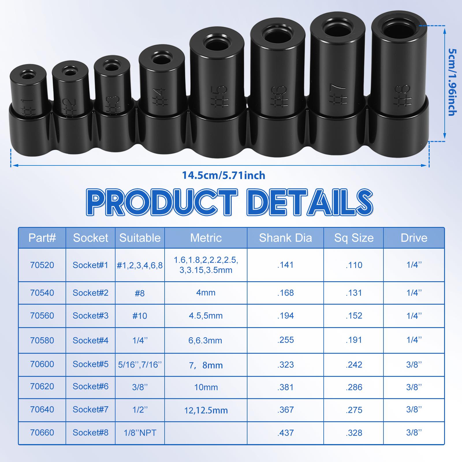 

Tap Socket Set 8 Piece 1/4 and 3/8 Drive Tap Socket Adapter Marked with Size Label for Ratchet Wrench T Handle Extension Bar
