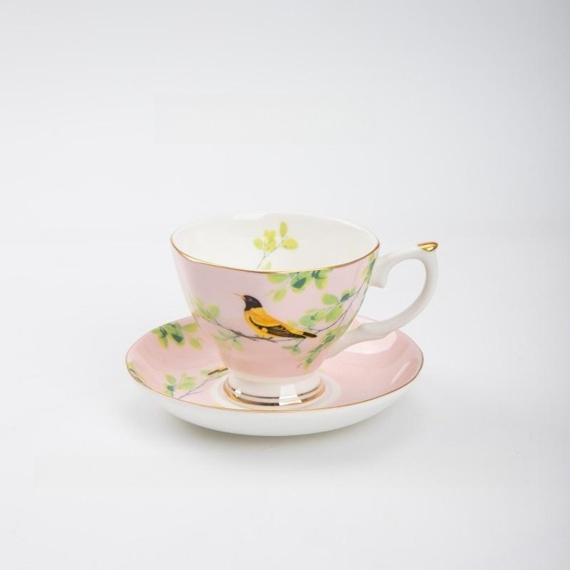 Luxury Gold Rim Bone China Tea Cup and Saucers, Elegant Floral Butterfly Coffee Mug Tableware Set, Bird on Branches Bone China Coffee Cup for Home