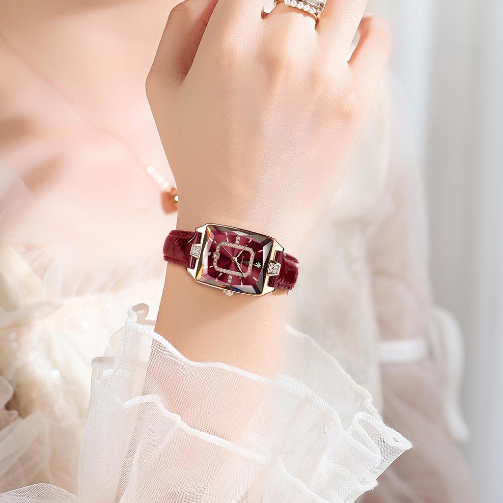 Luxury Women's Rose Gold Square Quartz Watch Leather Glass Wrist Accessory Women Watch