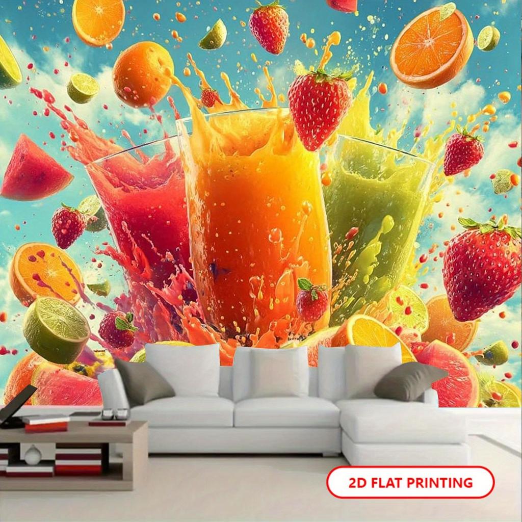 2D Flat, 1pc Summer Juice Splash Backdrop Banner with Strawberry, Watermelon & Orange Slices - Durable Polyester yzb