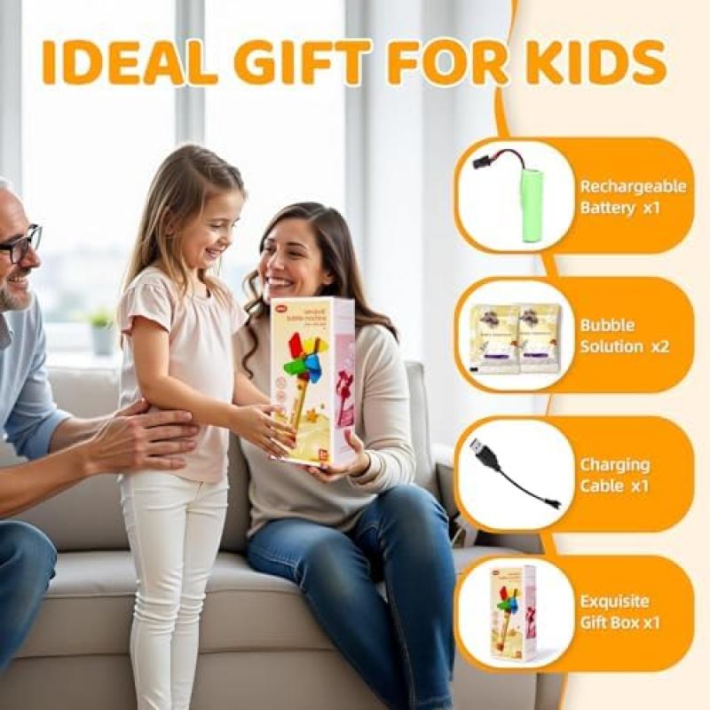 KIMIGO Electric Bubble Machine with Lights, Automatic Bubble Blower Gun Toy for Kids, Birthday Party Wedding Outdoor Play Gift