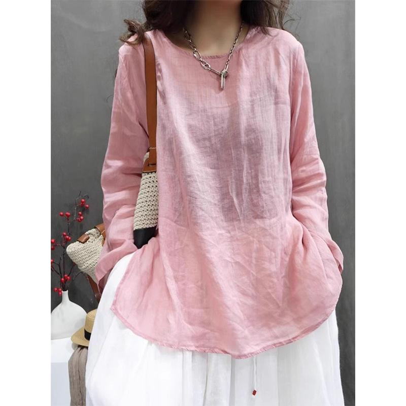 Loose Cotton and Linen Round Neck Long-sleeved T-shirt Spring and Summer New Light Medium and Long Pullover