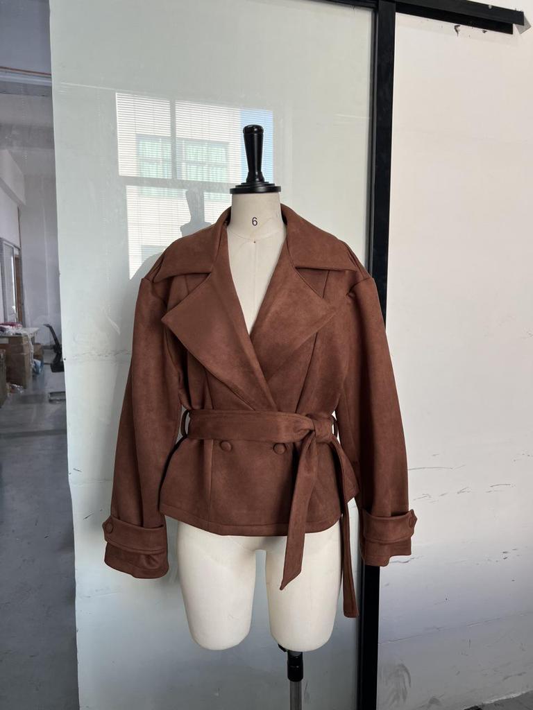 European and American Retro Autumn Suede Tie-Waist Coat with Turn-Down Collar