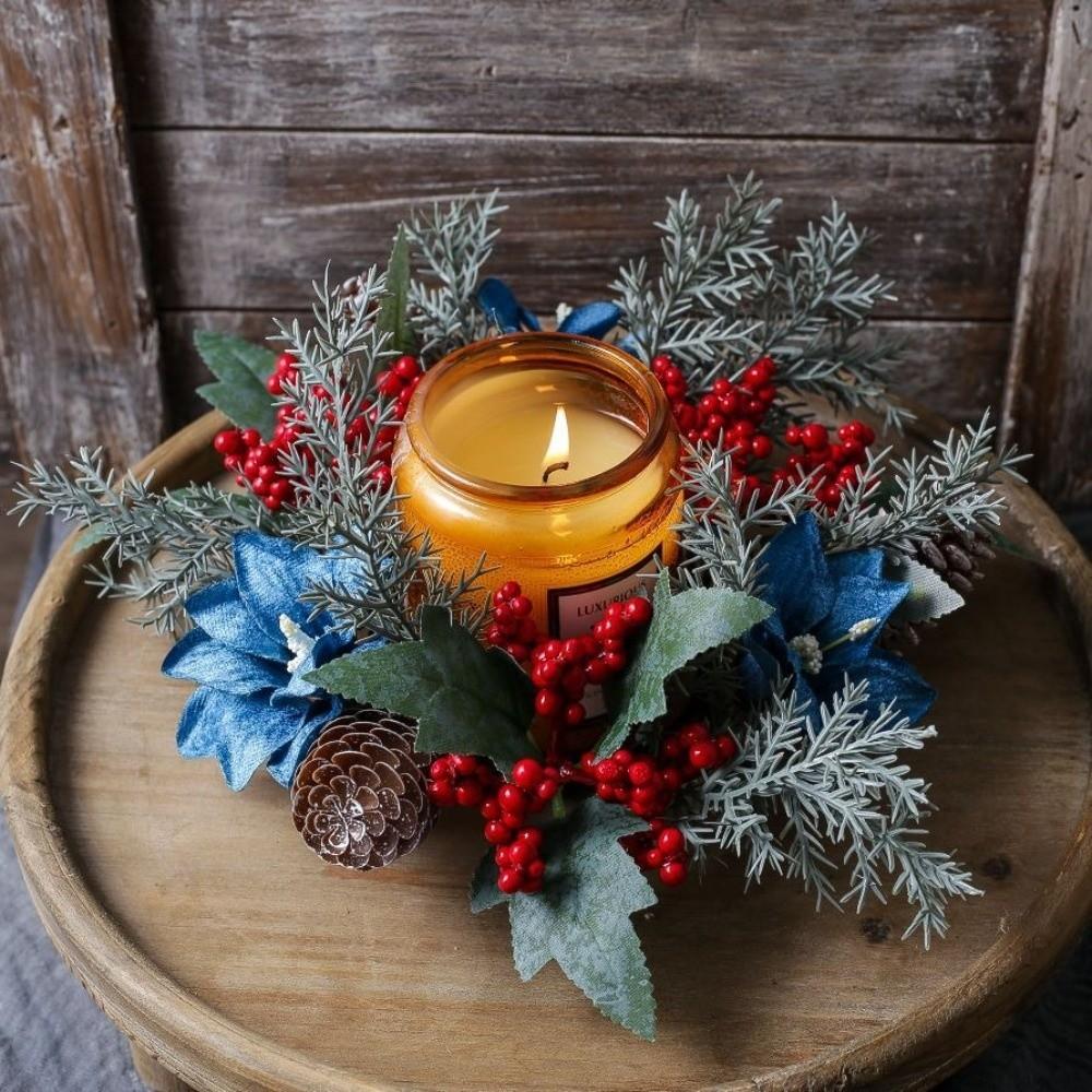 Artificial Berries Pinecone Pine Christmas Wreath Table Home Xmas Candle Wreath Candlestick Wreaths Party Decoration