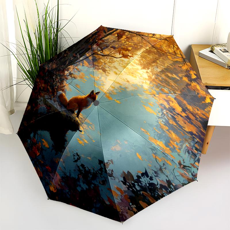 Animals and Sunset Pattern, Automatic Folding Umbrella, Portable and Foldable Design, 8 Ribs, a Christmas or Birthday Gift.