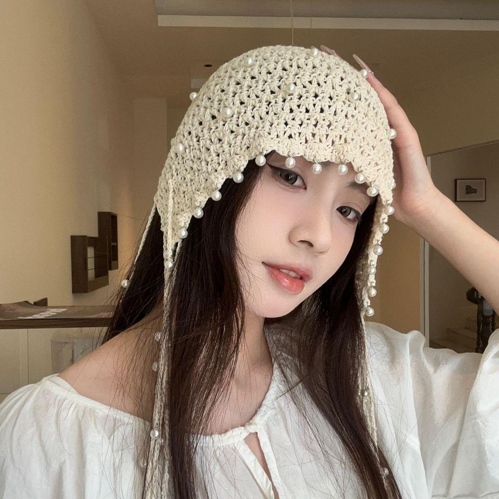 Summer Ethnic Style Knitted Hat with Hollow Pearl Tassel Pendant - Retro Face-Showing Design for Women