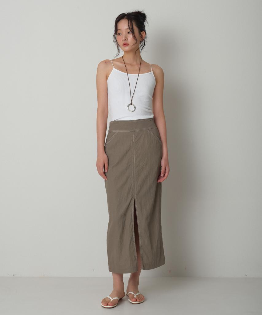 LOVENTINA Front Slit Long Skirt_Khaki