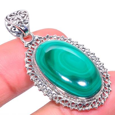 Natural Malachite Gemstone Handmade 925 Solid Sterling Silver Pendant 1.89" P7w45