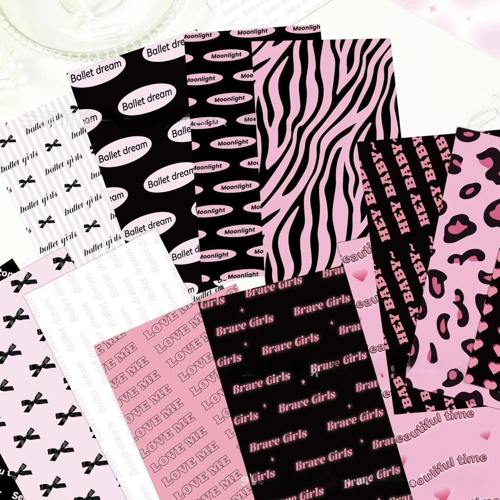 8Pcs Sweet Cool Pink Black English Material Sticker Scrapbook Journal Background Stickers DIY Phone Case Base Paper