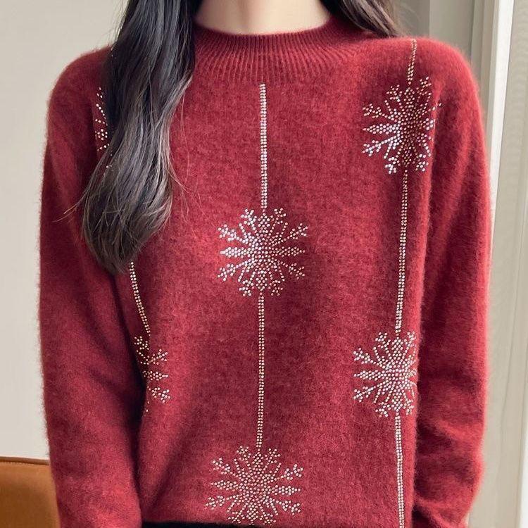 Women Sweater Christmas Style Half High Collar Long Sleeve Autumn Winter Thick Warm Pullovers Knitted Loose Bottoming Shirts Red Jumper