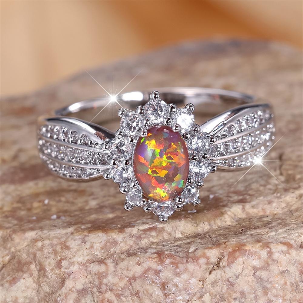 Roter Opal Ovaler Stein Sonnenblumen Ringe Für Frauen Vintage Silber Farbe Weiß Zirkon Eheringe Geburtsstein Geschenke