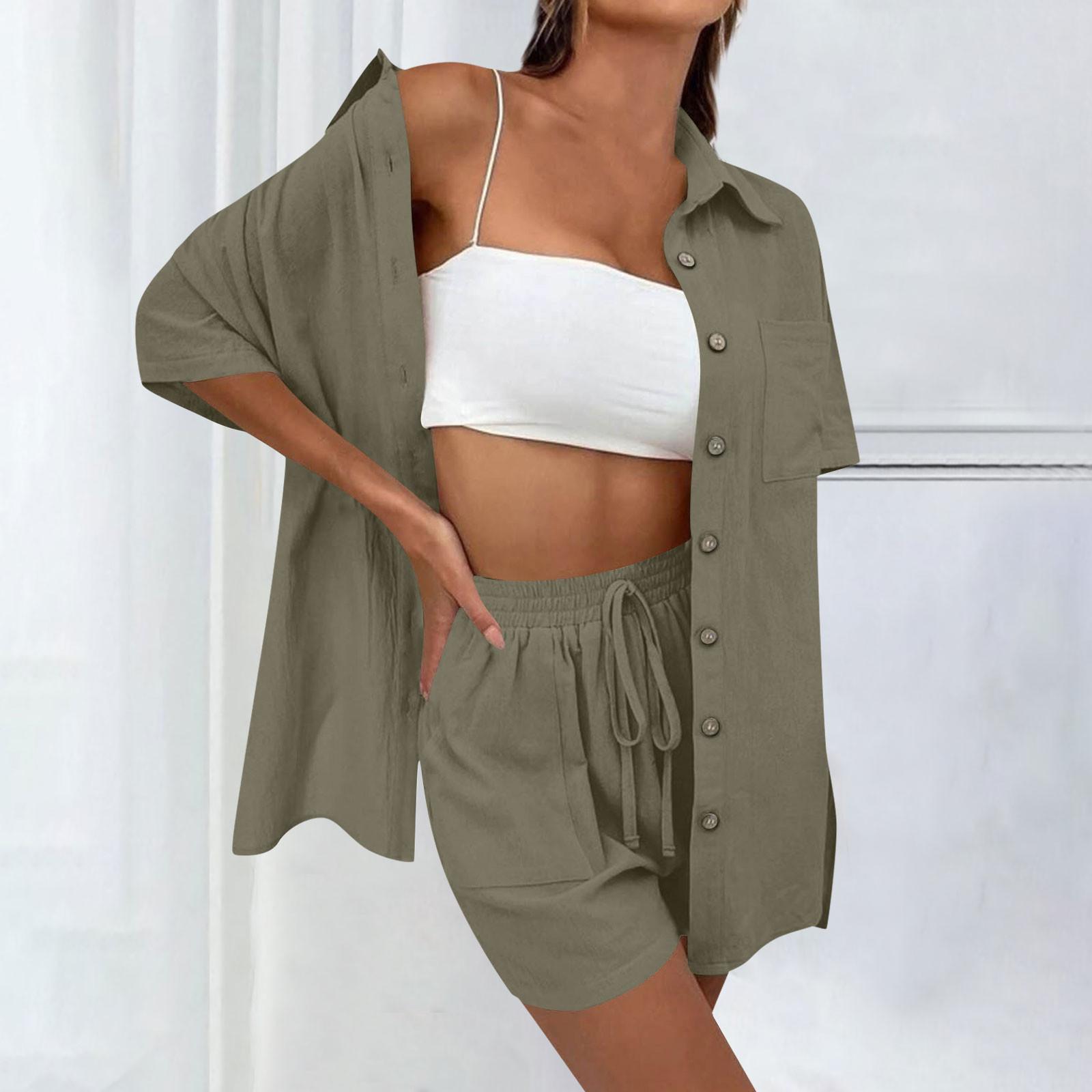 

Летняя женская однотонная рубашка с короткими рукавами, топ, повседневные шорты с эластичным галстуком и передним карманом, спортивные повседневные свободные от ветра мягкие комплекты из двух предметов M
